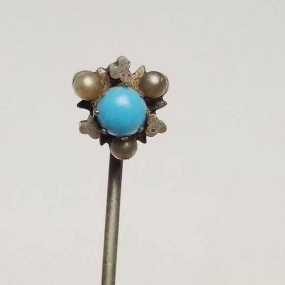 Vintage Blue Cabochon and Tiny Faux Pearls Stick Pin, Antique Victorian Style - Picture 1 of 7